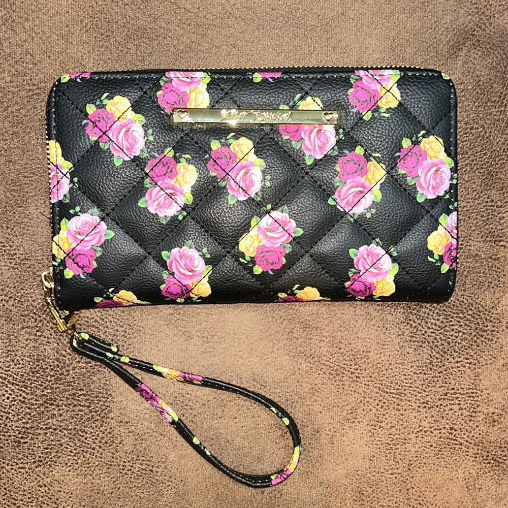 Betsey Johnson Black Floral Wristlet Clutch